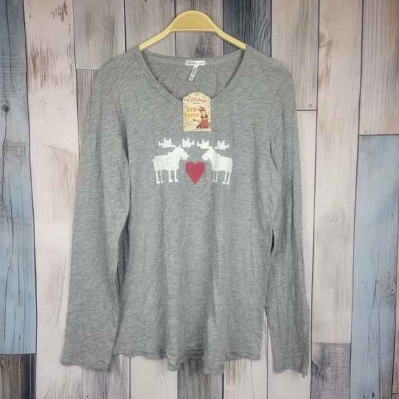 PJ Salvage Gray Christmas Pajama Top Long Sleeve Size Large - Picture 1 of 3